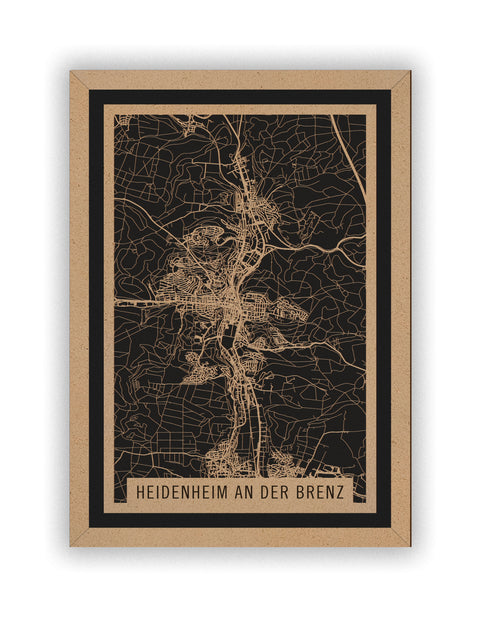 Stadtplan Heidenheim an der Brenz aus Holz – Wandbild in Natur mit Rahmen
