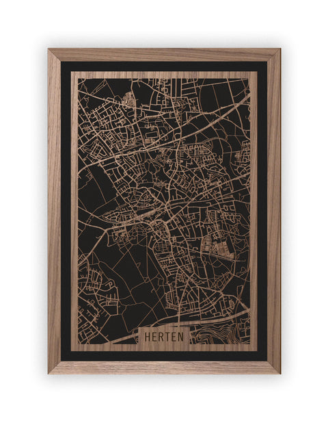 Stadtplan Herten aus Holz – Wandbild in Nussbaum mit Rahmen