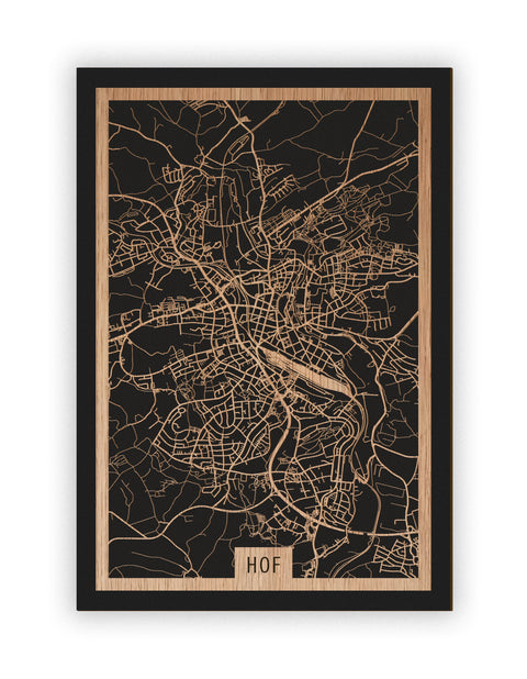 Stadtplan Hof aus Holz – Wandbild in Eiche ohne Rahmen