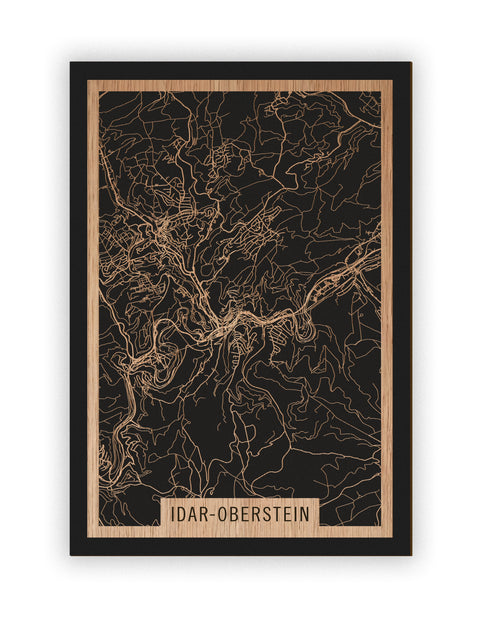 Stadtplan Idar-Oberstein aus Holz – Wandbild in Eiche ohne Rahmen