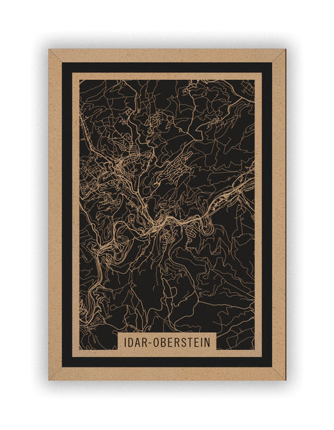 Stadtplan Idar-Oberstein aus Holz – Wandbild in Natur mit Rahmen