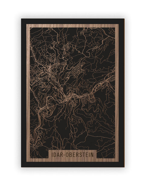 Stadtplan Idar-Oberstein aus Holz – Wandbild in Nussbaum ohne Rahmen