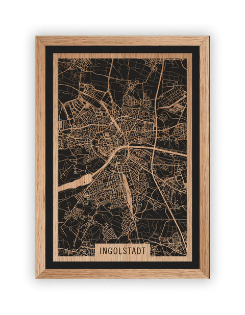 Stadtplan Ingolstadt aus Holz – Wandbild in Eiche mit Rahmen