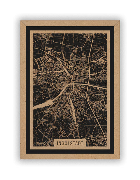Stadtplan Ingolstadt aus Holz – Wandbild in Natur mit Rahmen