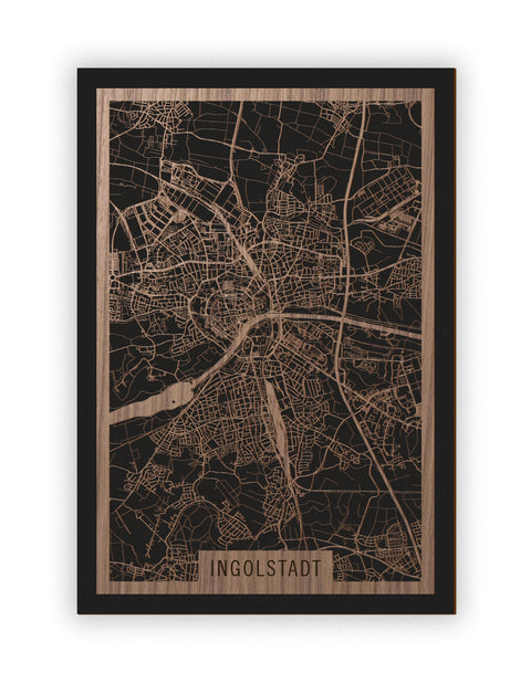 Stadtplan Ingolstadt aus Holz – Wandbild in Nussbaum ohne Rahmen