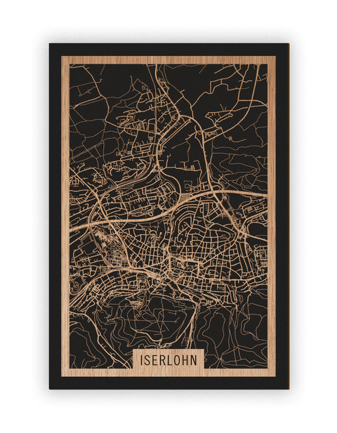 Stadtplan Iserlohn aus Holz – Wandbild in Eiche ohne Rahmen