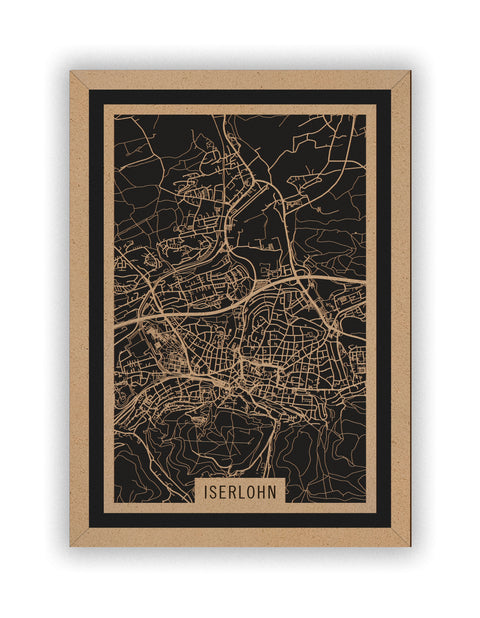 Stadtplan Iserlohn aus Holz – Wandbild in Natur mit Rahmen