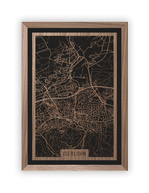 Stadtplan Iserlohn aus Holz – Wandbild in Nussbaum mit Rahmen