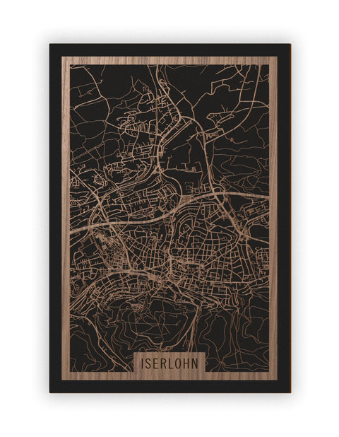 Stadtplan Iserlohn aus Holz – Wandbild in Nussbaum ohne Rahmen