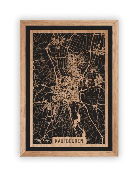 Stadtplan Kaufbeuren aus Holz – Wandbild in Eiche mit Rahmen