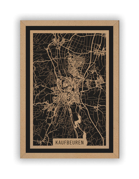 Stadtplan Kaufbeuren aus Holz – Wandbild in Natur mit Rahmen