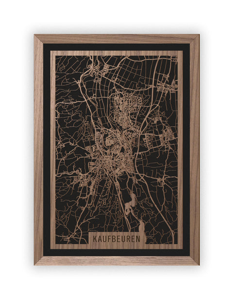 Stadtplan Kaufbeuren aus Holz – Wandbild in Nussbaum mit Rahmen