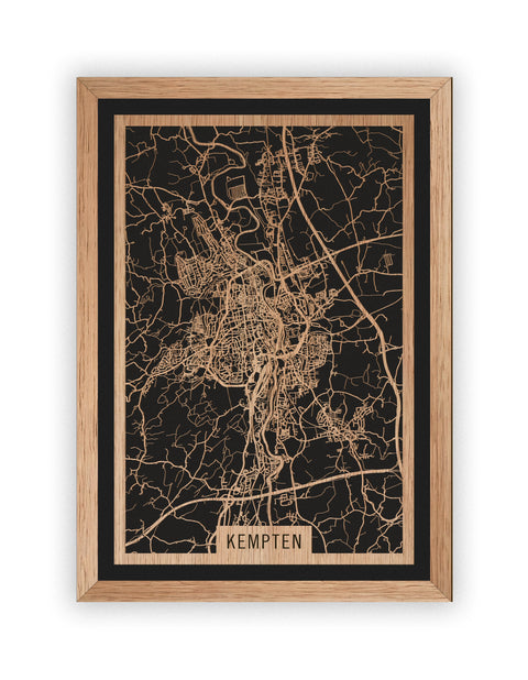 Stadtplan Kempten aus Holz – Wandbild in Eiche mit Rahmen