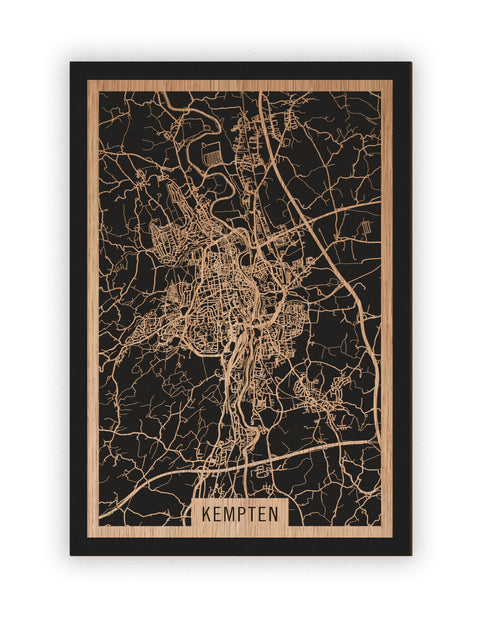 Stadtplan Kempten aus Holz – Wandbild in Eiche ohne Rahmen