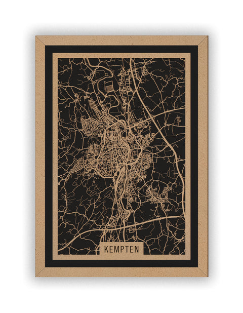 Stadtplan Kempten aus Holz – Wandbild in Natur mit Rahmen