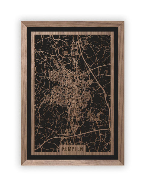 Stadtplan Kempten aus Holz – Wandbild in Nussbaum mit Rahmen
