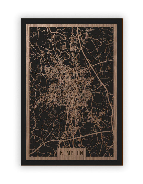 Stadtplan Kempten aus Holz – Wandbild in Nussbaum ohne Rahmen