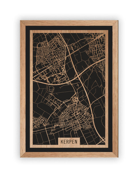 Stadtplan Kerpen aus Holz – Wandbild in Eiche mit Rahmen
