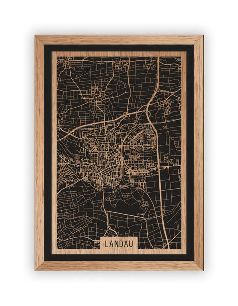 Stadtplan Landau aus Holz – Wandbild in Eiche mit Rahmen