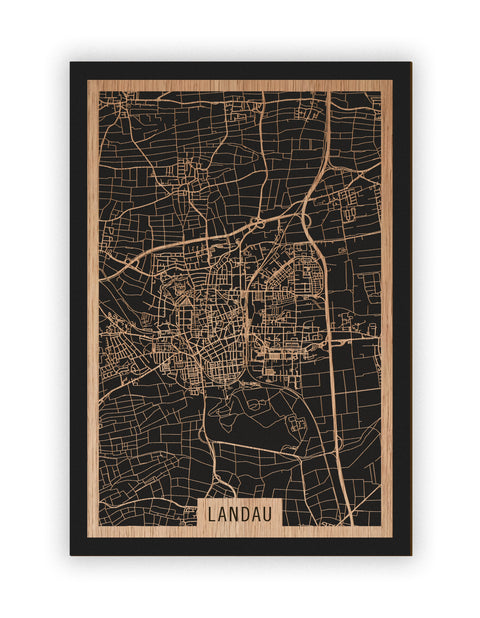 Stadtplan Landau aus Holz – Wandbild in Eiche ohne Rahmen