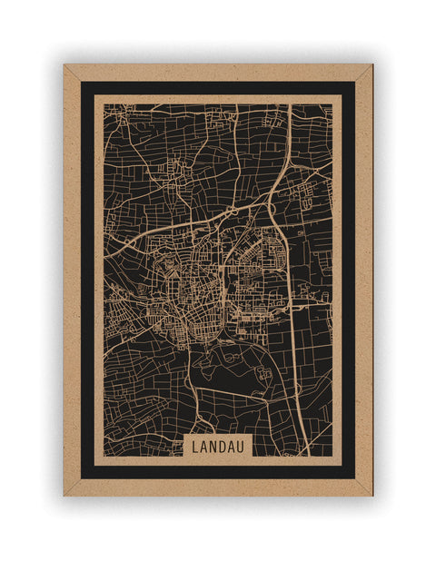 Stadtplan Landau aus Holz – Wandbild in Natur mit Rahmen