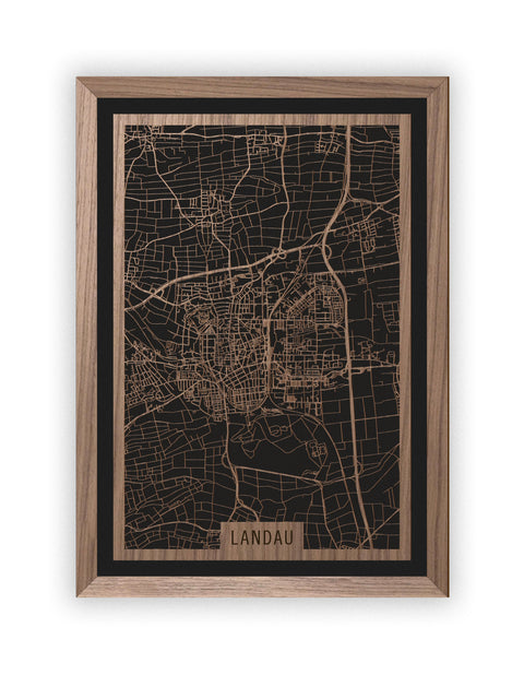 Stadtplan Landau aus Holz – Wandbild in Nussbaum mit Rahmen