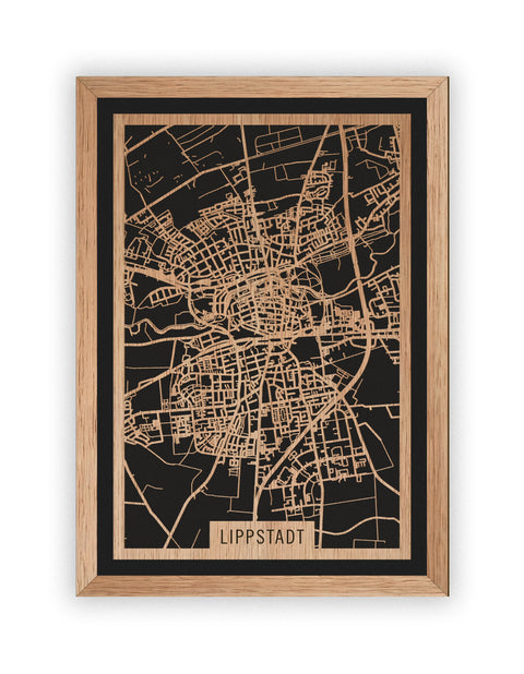 Stadtplan Lippstadt aus Holz – Wandbild in Eiche mit Rahmen
