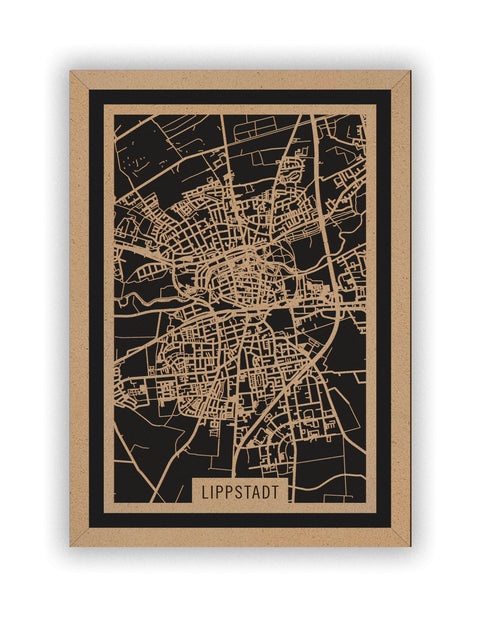 Stadtplan Lippstadt aus Holz – Wandbild in Natur mit Rahmen