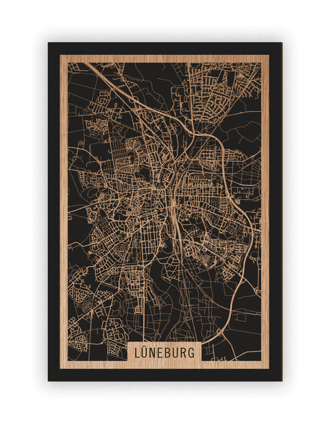 Stadtplan Lüneburg aus Holz – Wandbild in Eiche ohne Rahmen