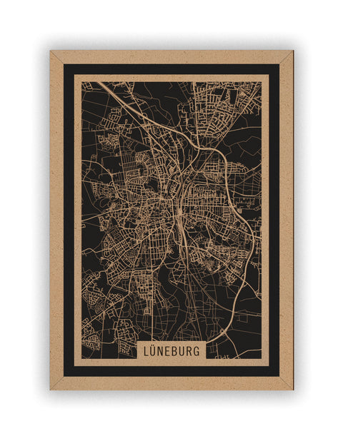 Stadtplan Lüneburg aus Holz – Wandbild in Natur mit Rahmen