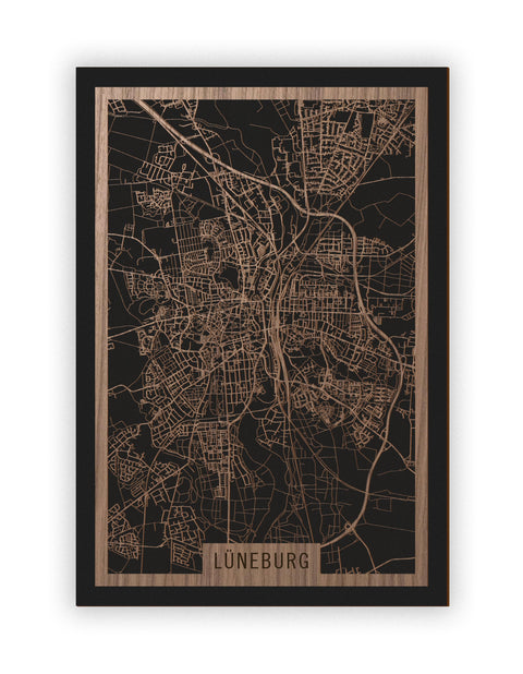 Stadtplan Lüneburg aus Holz – Wandbild in Nussbaum ohne Rahmen