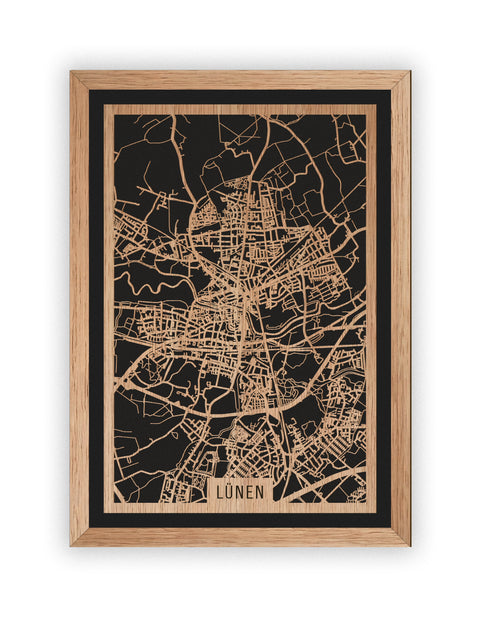 Stadtplan Lünen aus Holz – Wandbild in Eiche mit Rahmen