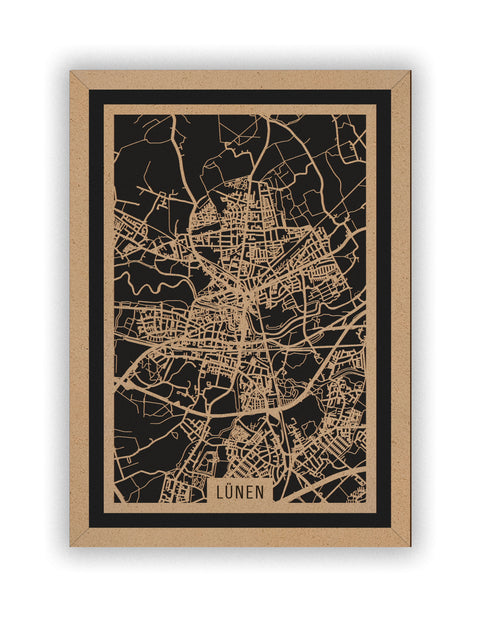 Stadtplan Lünen aus Holz – Wandbild in Natur mit Rahmen