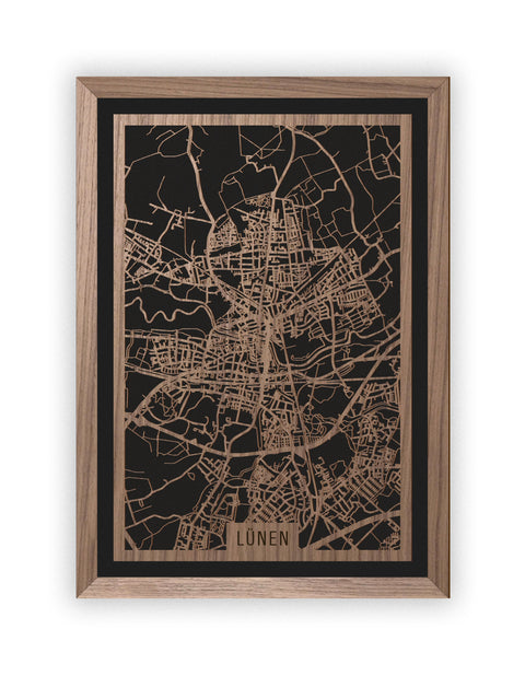 Stadtplan Lünen aus Holz – Wandbild in Nussbaum mit Rahmen