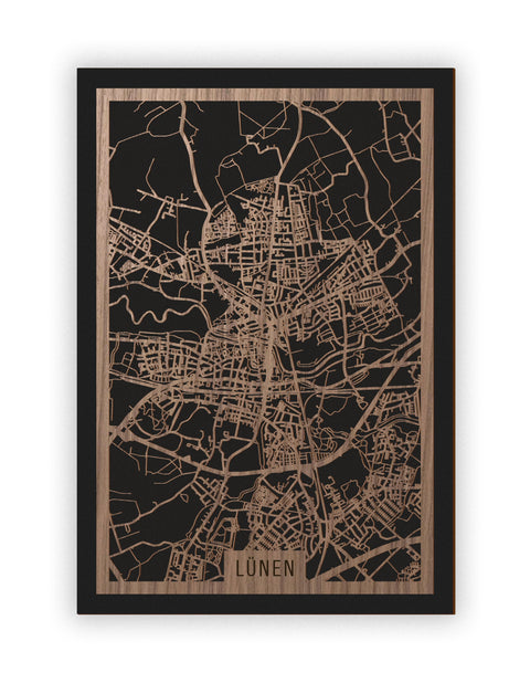Stadtplan Lünen aus Holz – Wandbild in Nussbaum ohne Rahmen