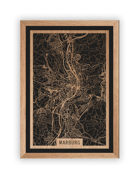 Stadtplan Marburg aus Holz – Wandbild in Eiche mit Rahmen