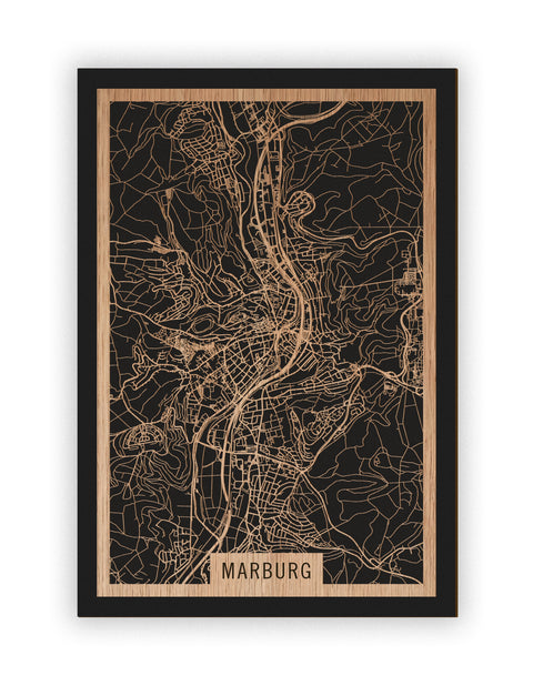 Stadtplan Marburg aus Holz – Wandbild in Eiche ohne Rahmen
