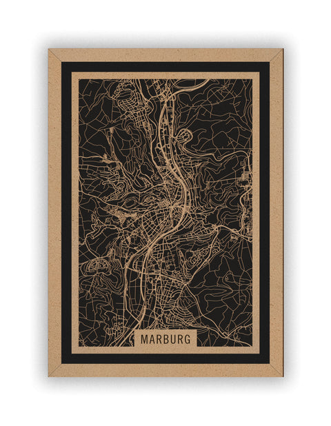 Stadtplan Marburg aus Holz – Wandbild in Natur mit Rahmen