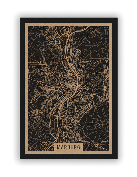 Stadtplan Marburg aus Holz – Wandbild in Natur ohne Rahmen