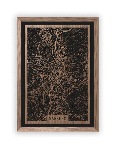 Stadtplan Marburg aus Holz – Wandbild in Nussbaum mit Rahmen