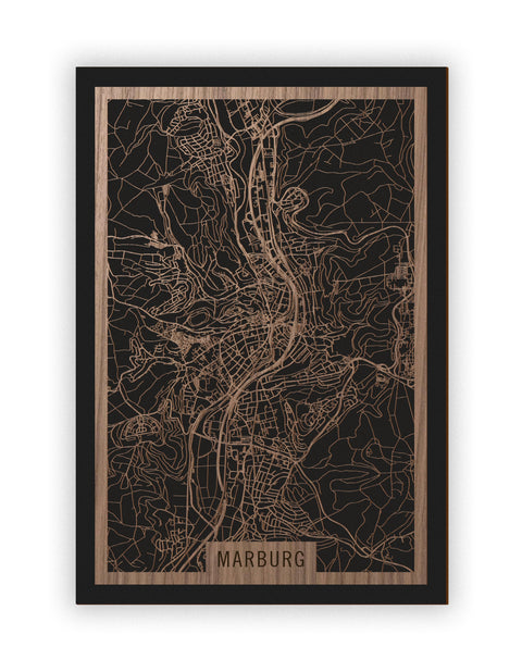 Stadtplan Marburg aus Holz – Wandbild in Nussbaum ohne Rahmen