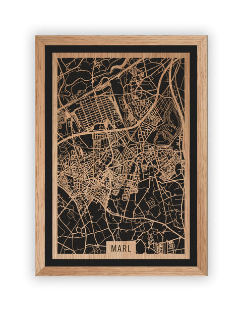 Stadtplan Marl aus Holz – Wandbild in Eiche mit Rahmen
