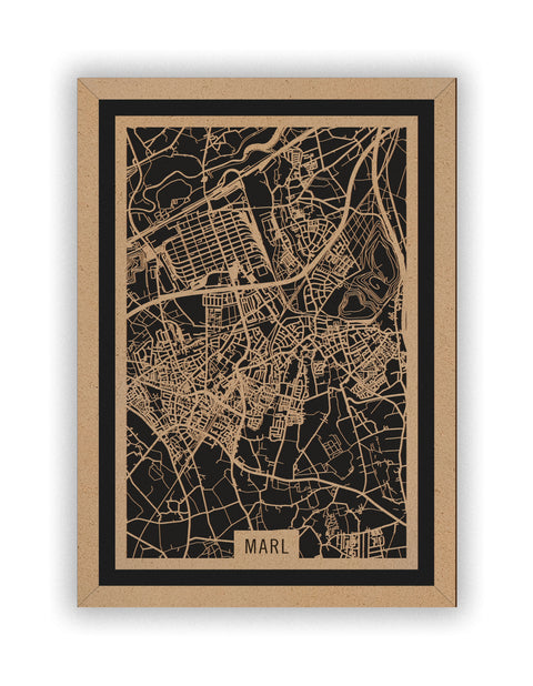Stadtplan Marl aus Holz – Wandbild in Natur mit Rahmen