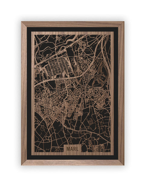 Stadtplan Marl aus Holz – Wandbild in Nussbaum mit Rahmen