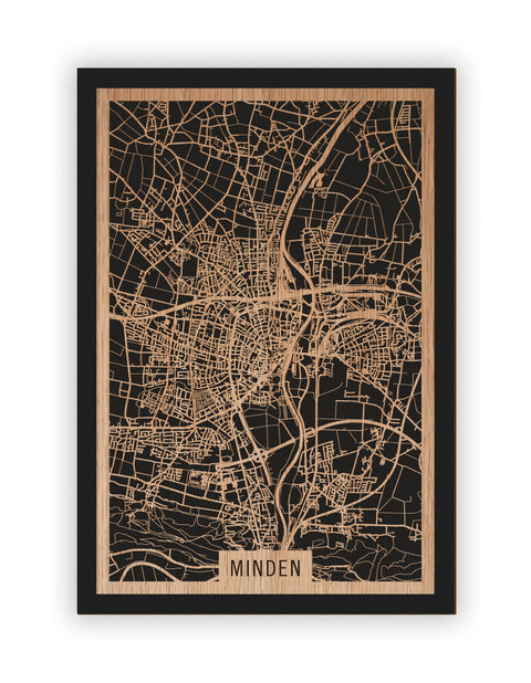 Stadtplan Minden aus Holz – Wandbild in Eiche ohne Rahmen