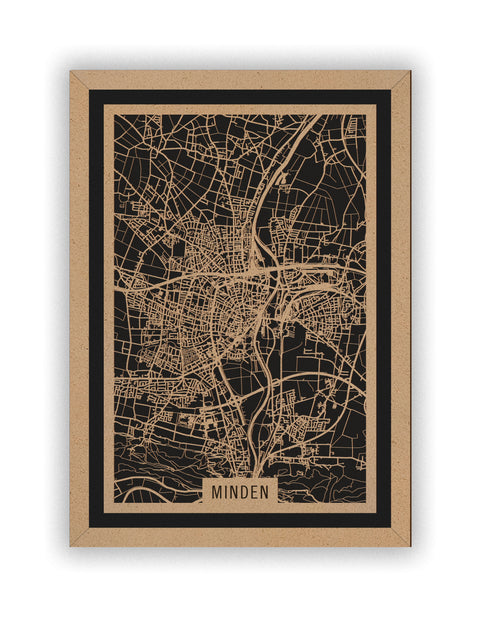 Stadtplan Minden aus Holz – Wandbild in Natur mit Rahmen