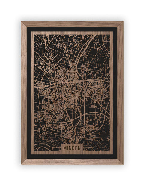 Stadtplan Minden aus Holz – Wandbild in Nussbaum mit Rahmen