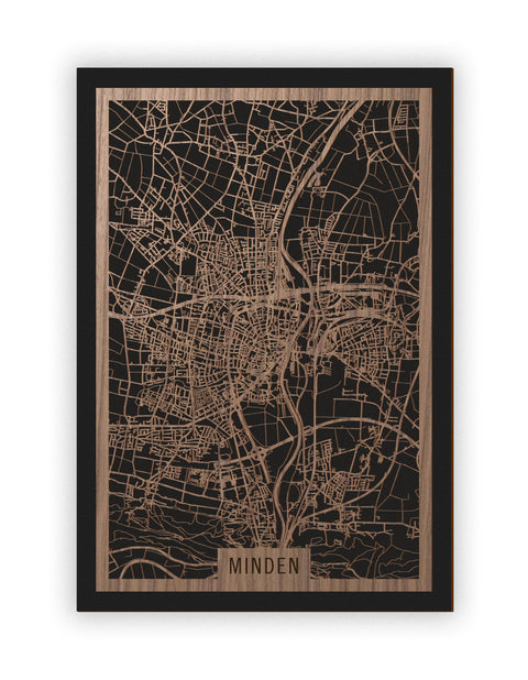 Stadtplan Minden aus Holz – Wandbild in Nussbaum ohne Rahmen