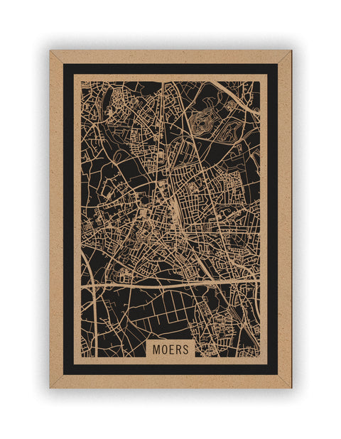 Stadtplan Moers aus Holz – Wandbild in Natur mit Rahmen