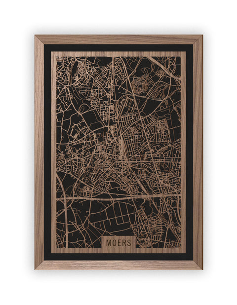 Stadtplan Moers aus Holz – Wandbild in Nussbaum mit Rahmen
